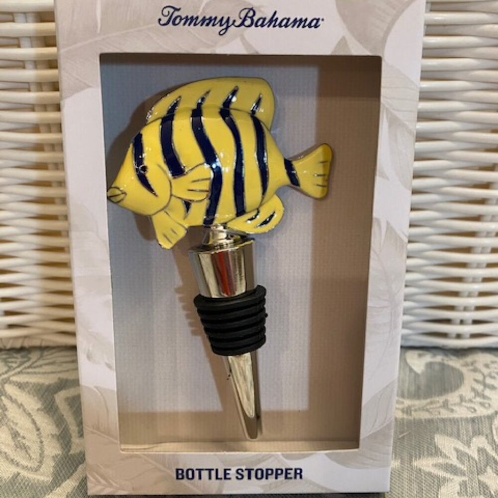 Tommy Bahama Metal Fish Bottle Wine Stopper Tropical Yellow and Black New in Box